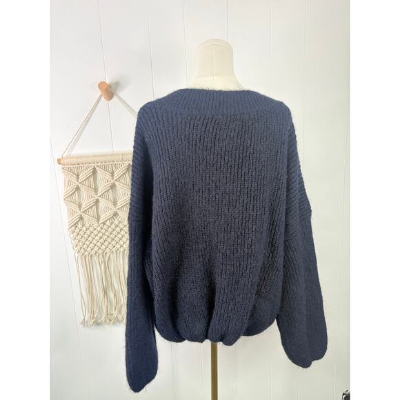 Zara Stretch Wool Blend V Neck Sweater Size Large Navy Blue Oversized Slouchy - Picture 6 of 9